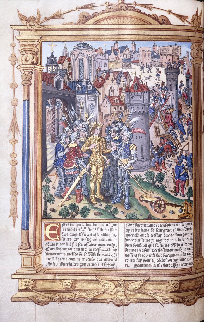 Valaistu käsikirjoitus, joka kuvaa kuningasta ja hänen armeijaansa ennen kaupunkia, 1503-04 tekijältä Jacques de Besancon