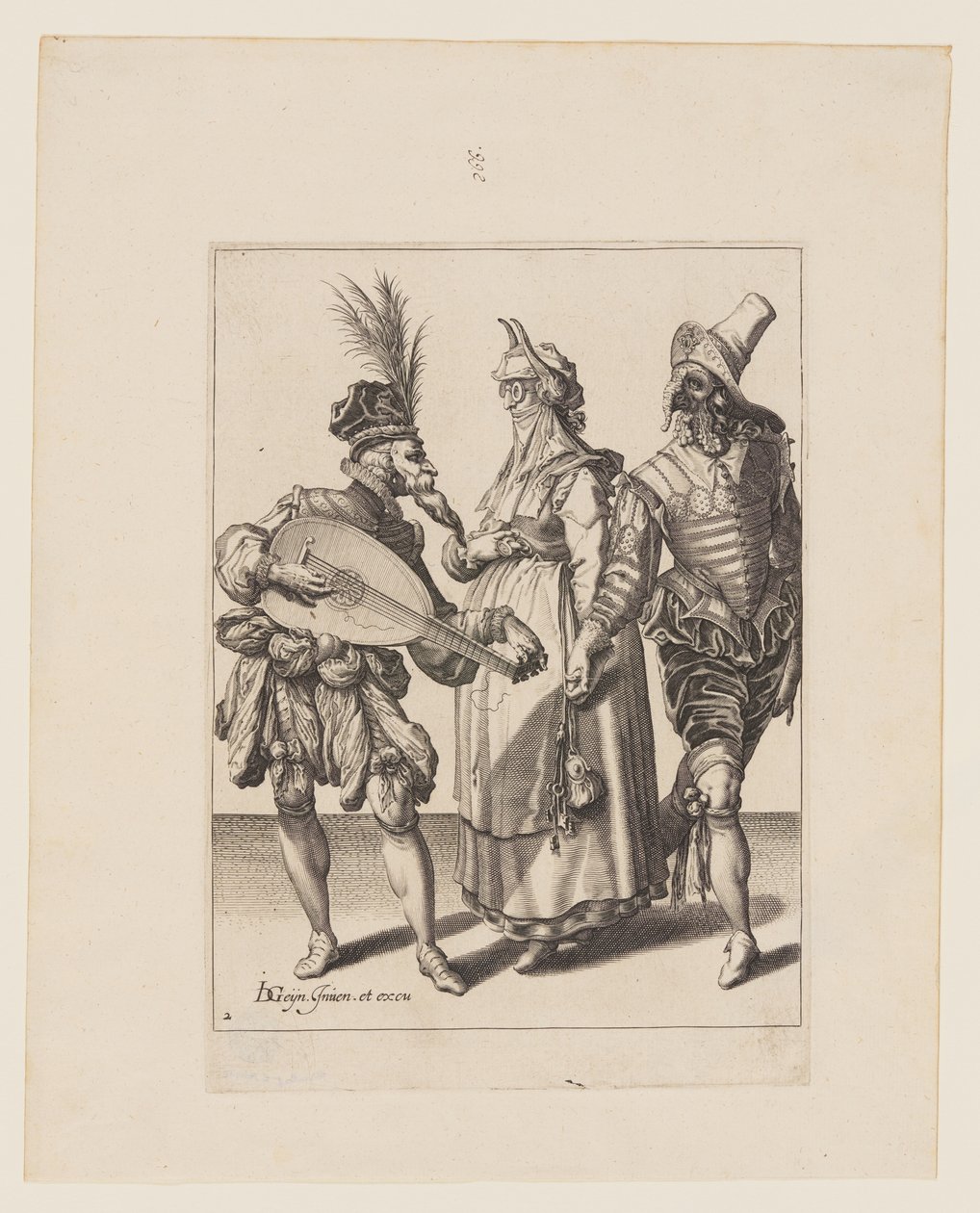 Pariskunta, jota puhuttelee luuttusoittaja, teoksesta The Masquerades (Naamiaiset) tekijältä Jacques de Gheyn II