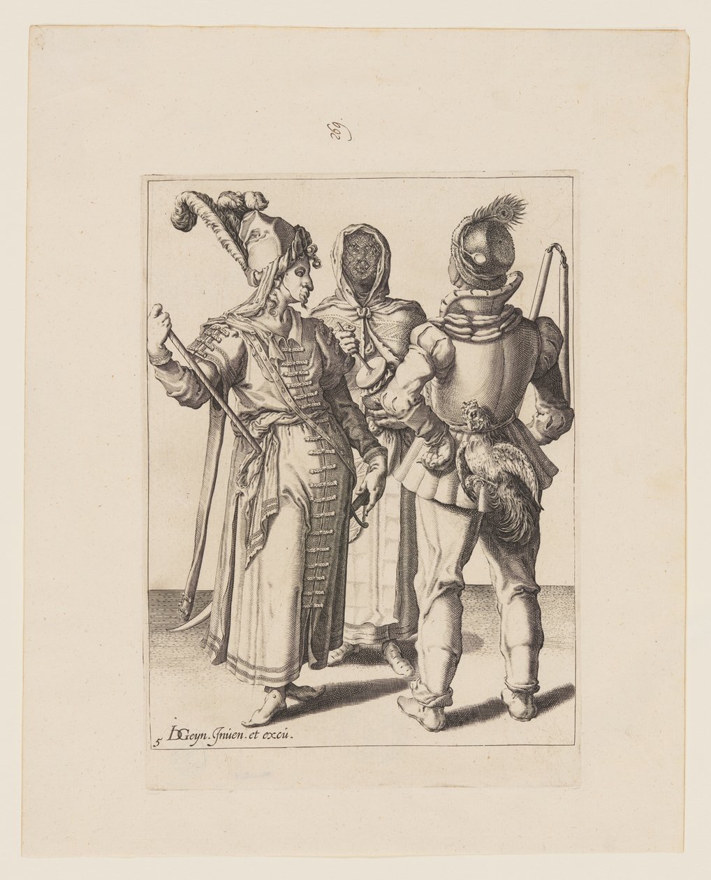 Grandee itämaisessa asussa, mies, jolla on vyöhönsä kiinnitetty kukko, ja hunnutettu nainen, joka soittaa Rumbling-pottia, elokuvasta The Masquerades (Naamiaiset). tekijältä Jacques de Gheyn II