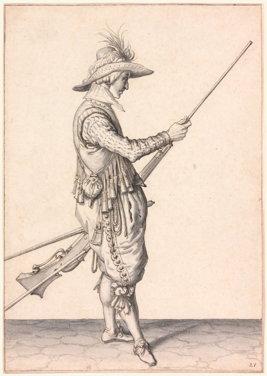 Sotilas lataa muskettia, "Ramme in Your Pouder" tekijältä Jacques de Gheyn II