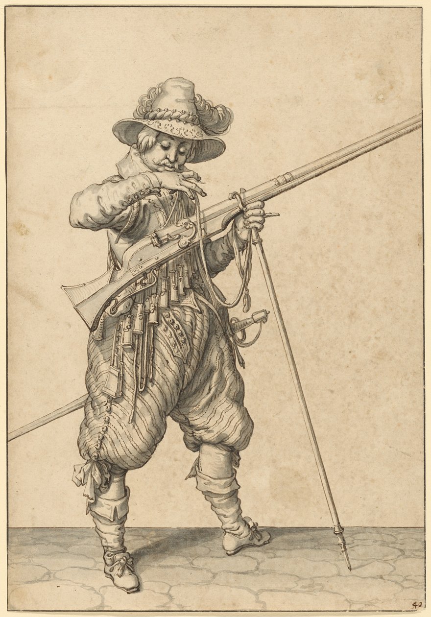 Sotilas vartiossa puhaltaa tulitikkua tekijältä Jacques de Gheyn II