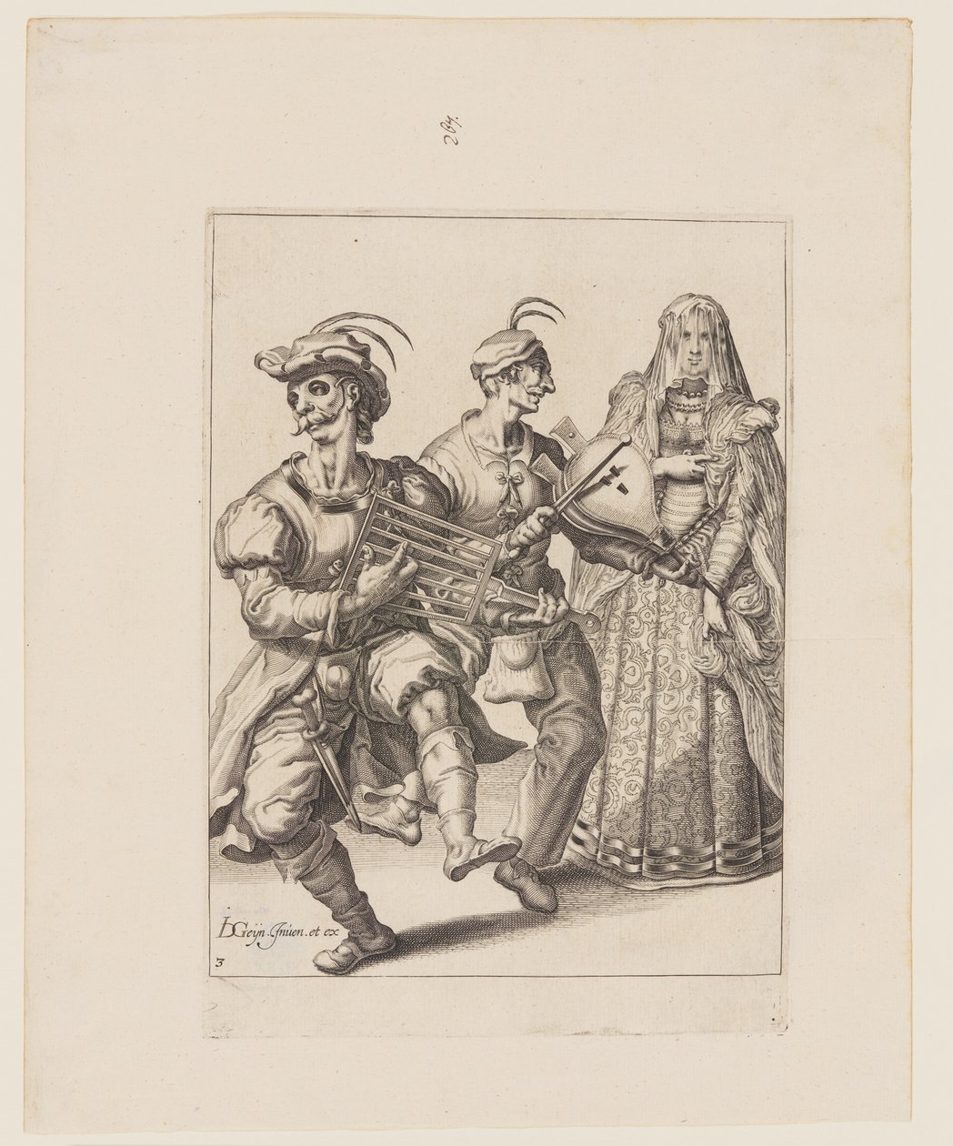 Hunnutettu nainen ja kaksi muusikkoa, jotka soittavat ritilää ja puhallinta, teoksesta The Masquerades (Naamiaiset). tekijältä Jacques de Gheyn II