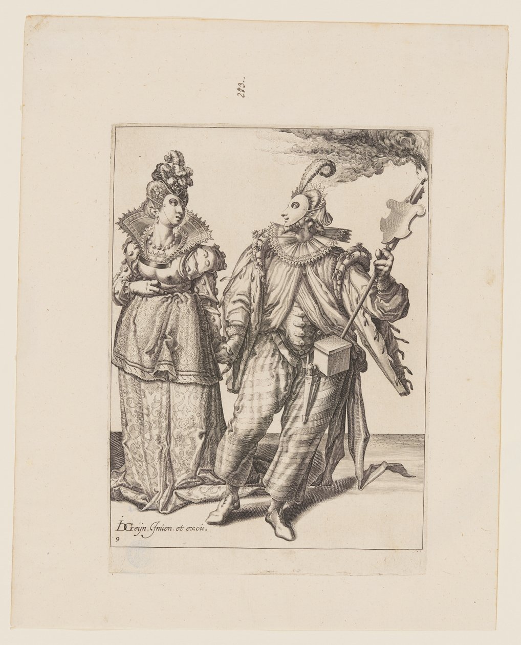 Nainen, jota johtaa soihtua pitelevä pelaaja, elokuvasta The Masquerades (Naamiaiset). tekijältä Jacques de Gheyn II