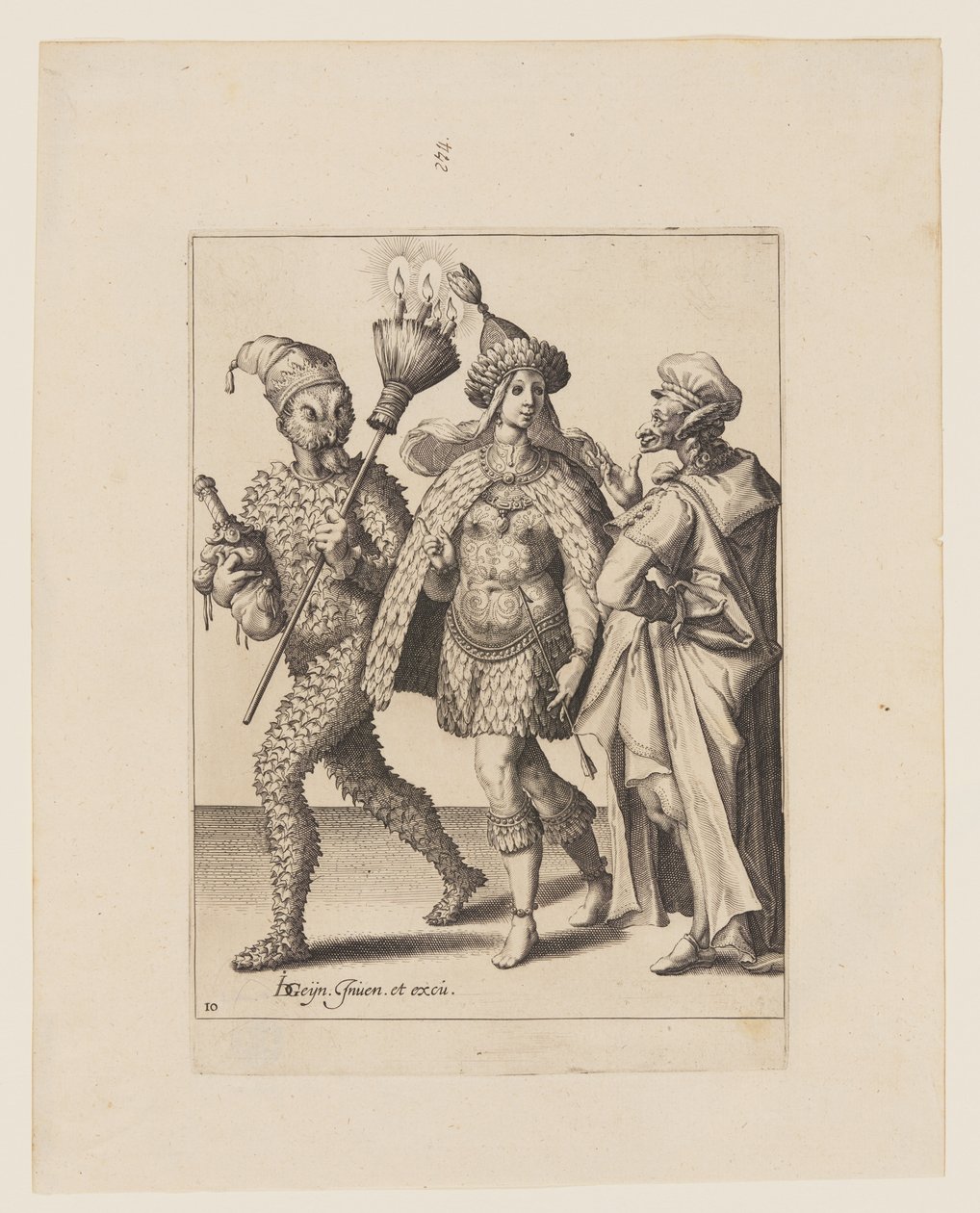 Vanha muumari puhuttelee lehtiin ja linnunsulkiin pukeutunutta pariskuntaa, teoksesta The Masquerades (Naamiaiset) tekijältä Jacques de Gheyn II
