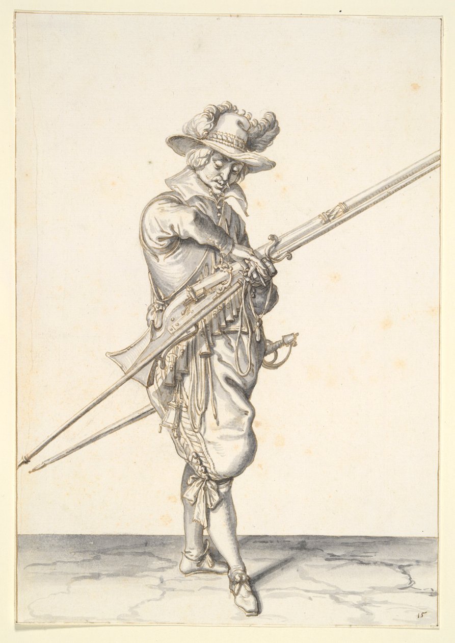 Sotilas valmistautuu ampumaan muskettia tekijältä Jacques de Gheyn II