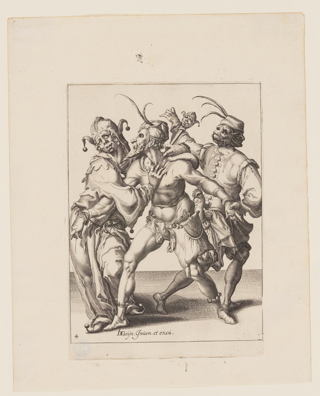Kolme tanssivaa muumaria ja narri, elokuvasta The Masquerades (Naamiaiset). tekijältä Jacques de Gheyn II