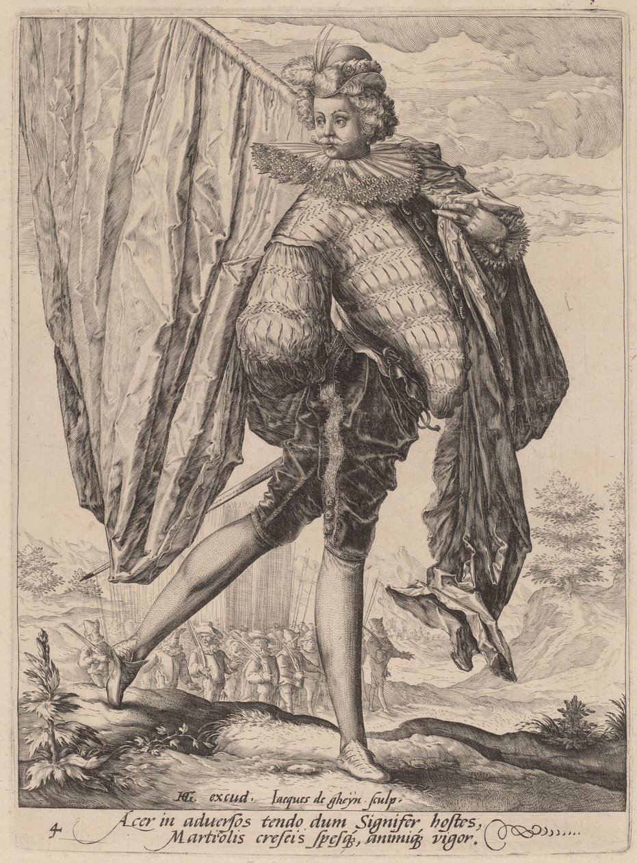 Laajamiekalla ja kilvellä aseistettu sotilas tekijältä Jacques de Gheyn II after Hendrik Goltzius