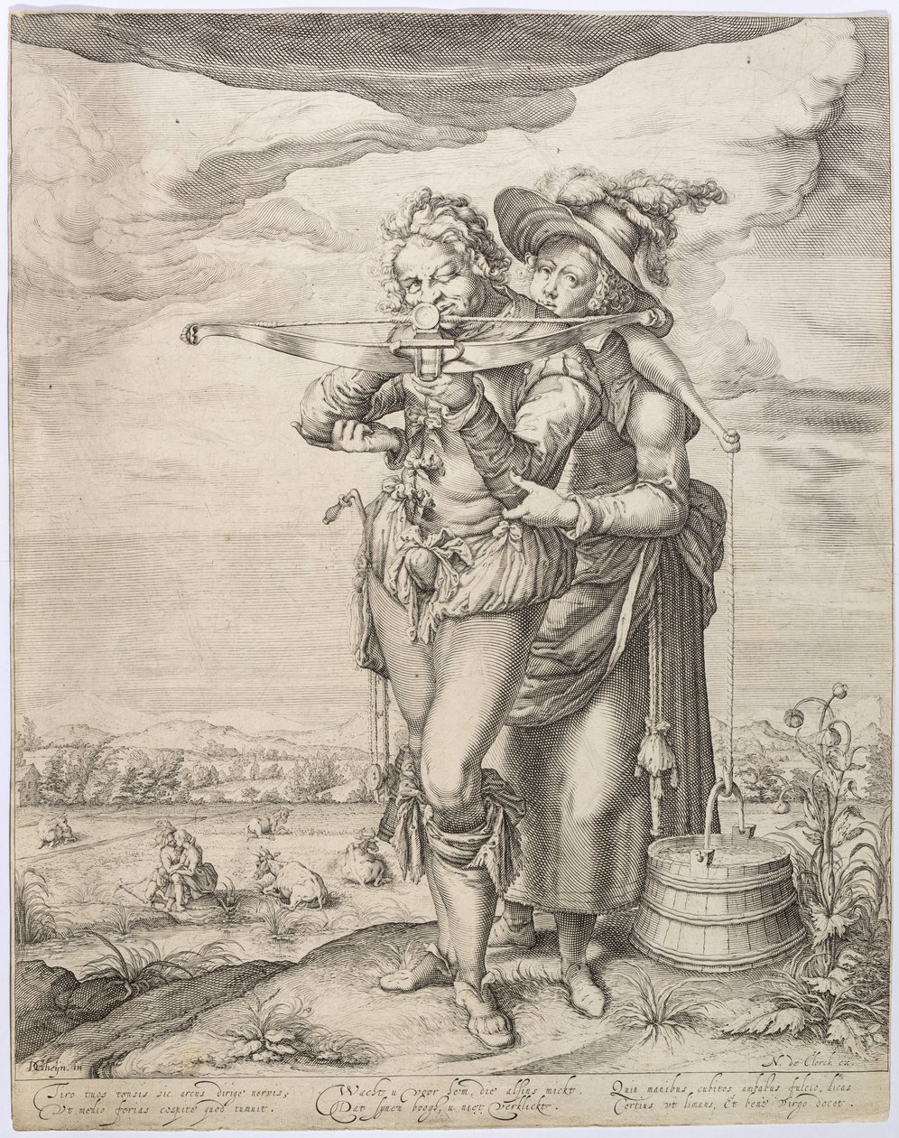 Varsijousimies ja maitoneito, n. 1610. tekijältä Jacques de Gheyn the Younger