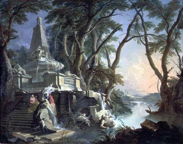 Pyramidin suihkulähde, jossa on murtunut Neptunuksen patsas, tai maisema: Neptunus: Joki (öljy kankaalle) tekijältä Jacques de Lajoüe