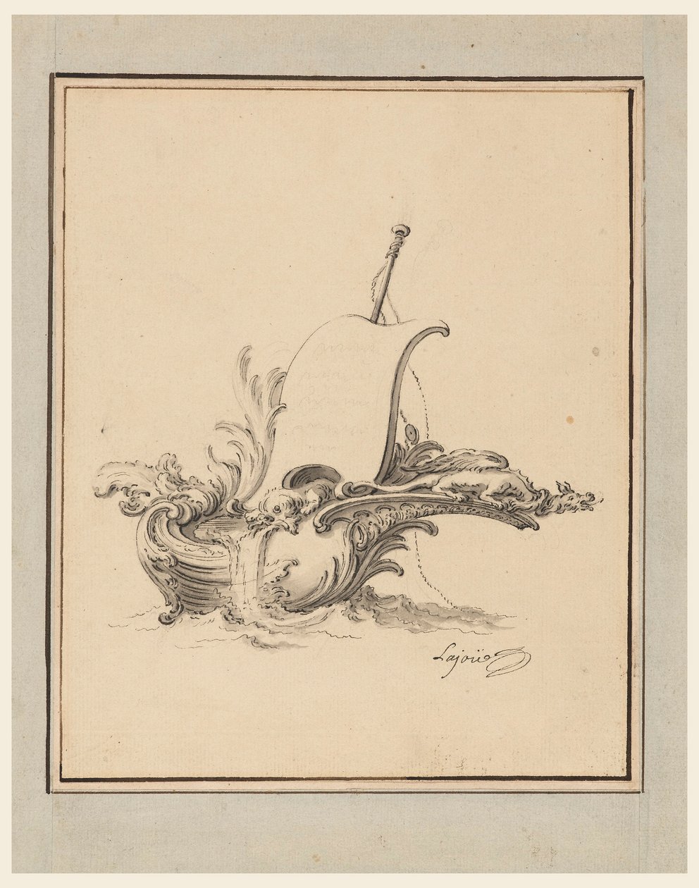 Piirustus, Suunnitelma veneen ja purjeen muotoista kilpeä varten Recueil Nouveau de Differens Cartouches -julkaisuun, 1734. tekijältä Jacques de Lajoüe
