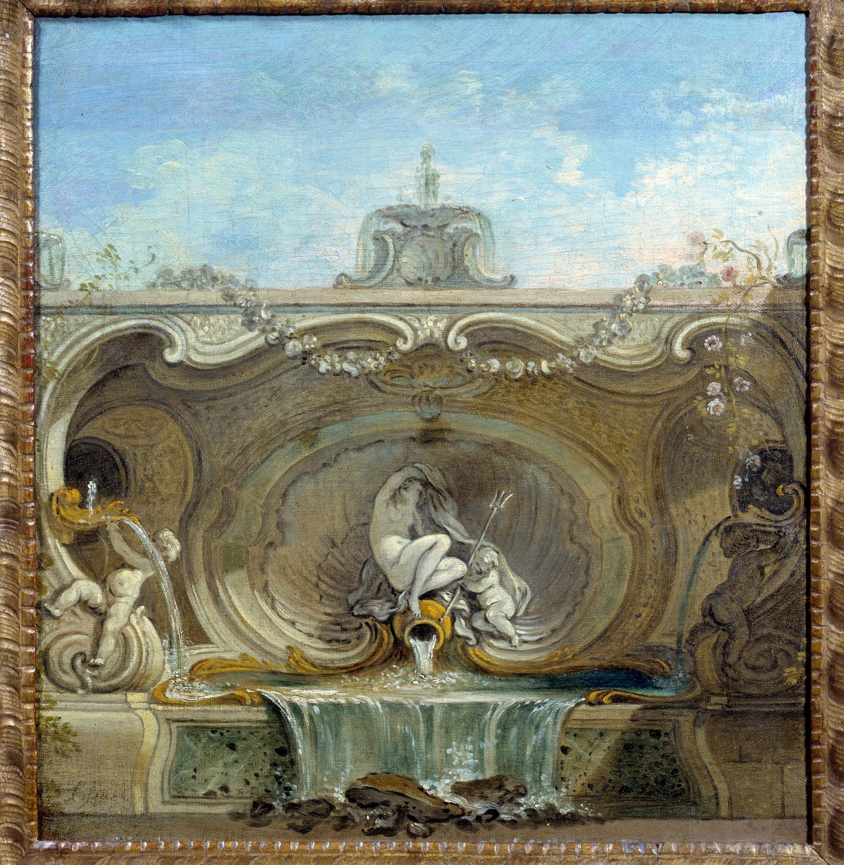 Suihkulähteen puutarha. Jacques De Lajouen maalaus (1686-1761) tekijältä Jacques de Lajoüe