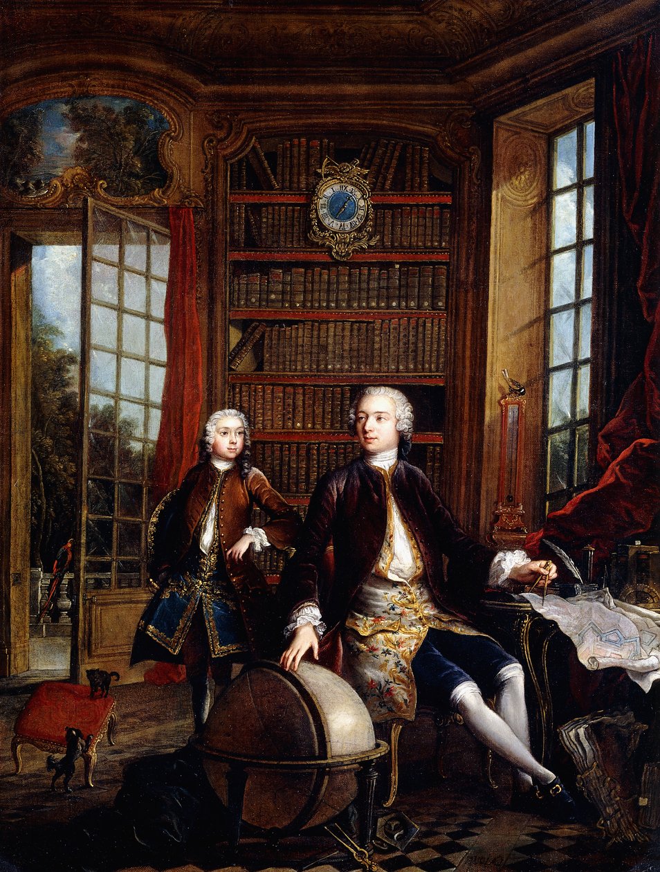 Muotokuva taiteilijan pojasta opettajan kanssa, jonka sanotaan olevan taiteilija Jean Baptiste de Courtonne nuorempi, kirjastossa, tekijältä Jacques de Lajoüe