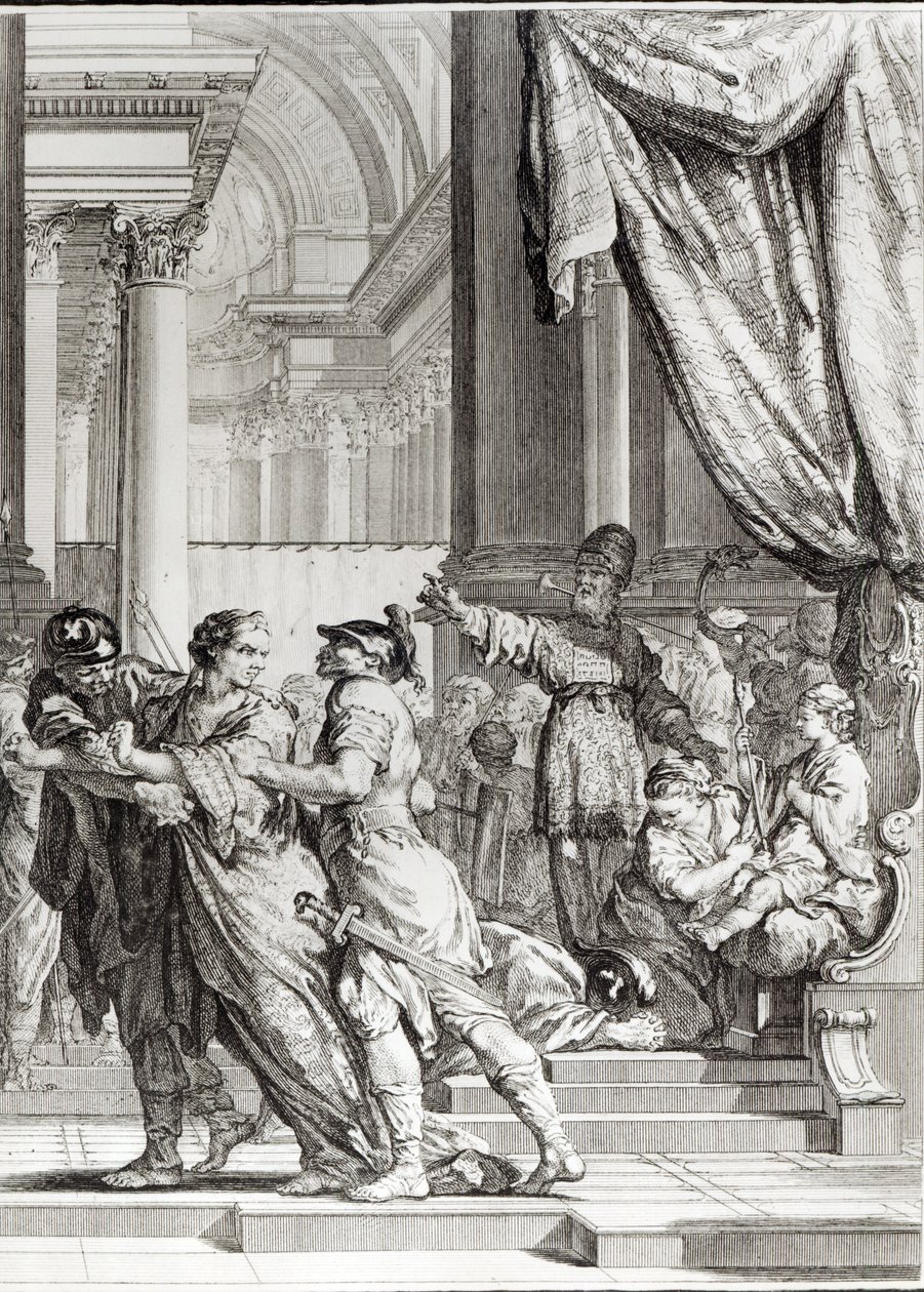 Jehoiada, Jerusalemin ylipappi julistamassa prinssi Joashin Juudan kuninkaaksi, Jean-Jacques Flipartin (1719-82) kaivertama kohtaus Jean Racinen (1639-99) "Athalie"sta tekijältä Jacques de Seve