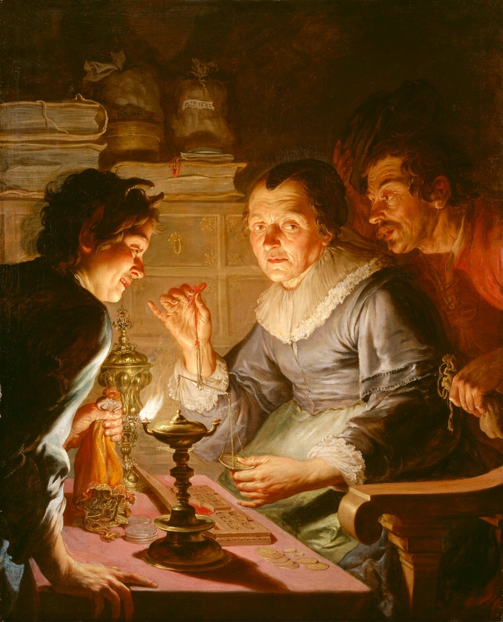 Hollanti: Rahaa ahnehtiva vanha nainen: allegoria ahneudesta Kultainen punnitsija (The Gold Weigher) tekijältä Jacques de l
