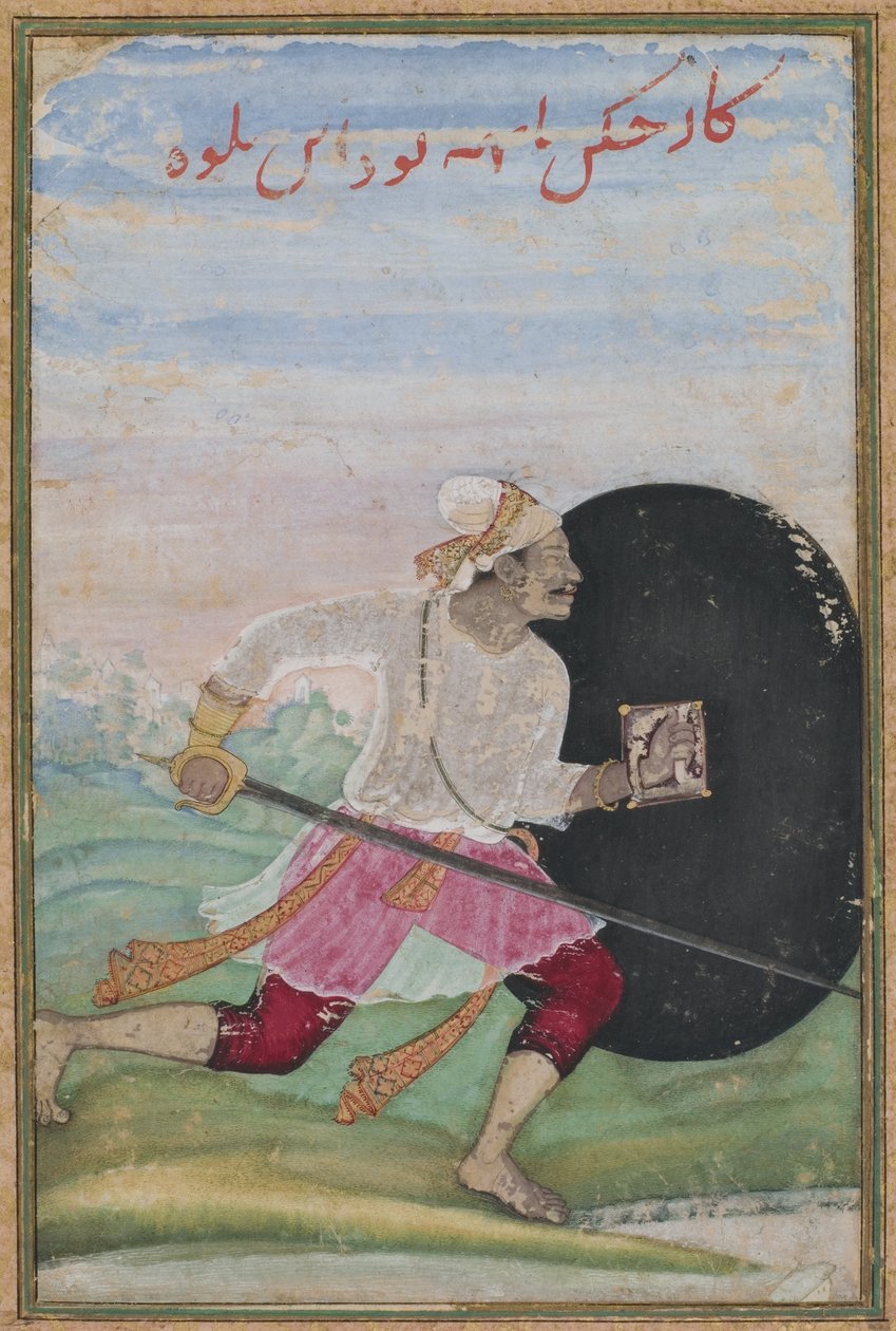 Running Swordsman, Mughal-dynastia, n. 1600 (läpinäkymätön wc, kulta ja muste paperilla) tekijältä Jaganatha