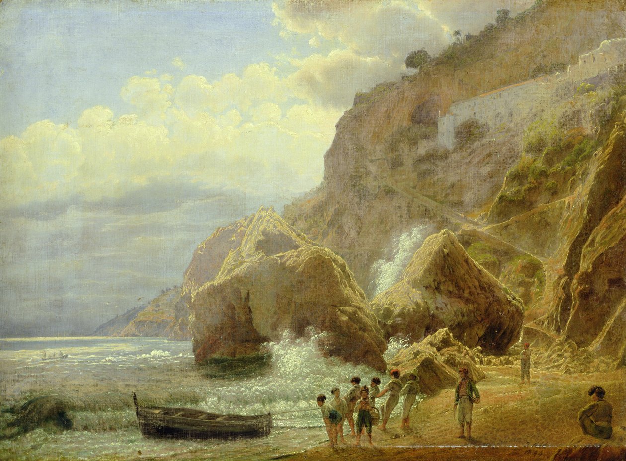 Italian rannikkomaisema, 1844 (öljy paperille asetettu kankaalle) tekijältä Jakob Alt