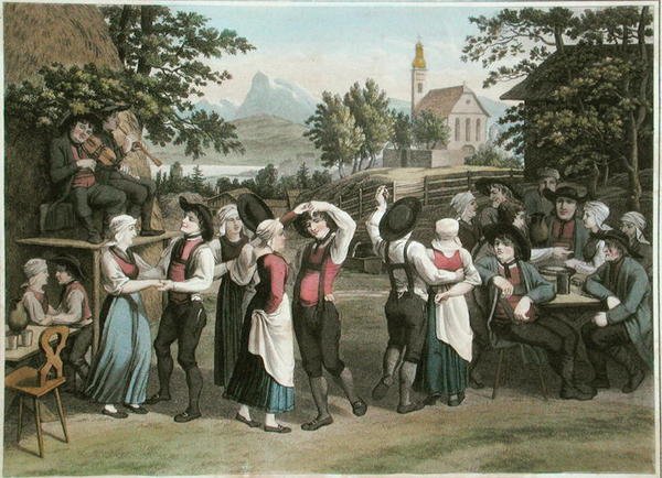 Austrian Village Dance, kuvitus Alexandre de Laborden teoksesta Voyage Pittoresque en Austria, julkaistu Pariisissa 1821 (värikaiverrus) tekijältä Jakob (after) Gauermann