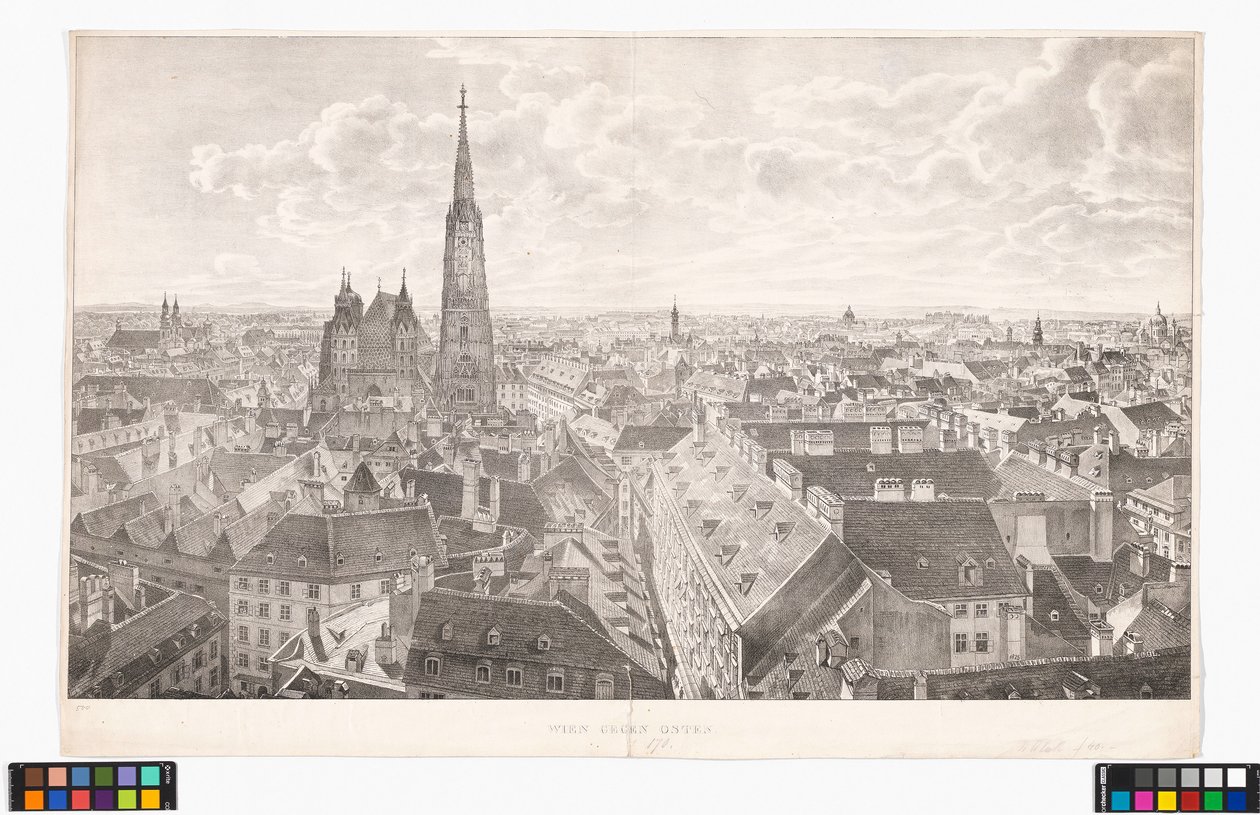Panoraamanäkymä Wienistä itään päin, Peterskirchen kirkosta käsin tekijältä Jakob Alt