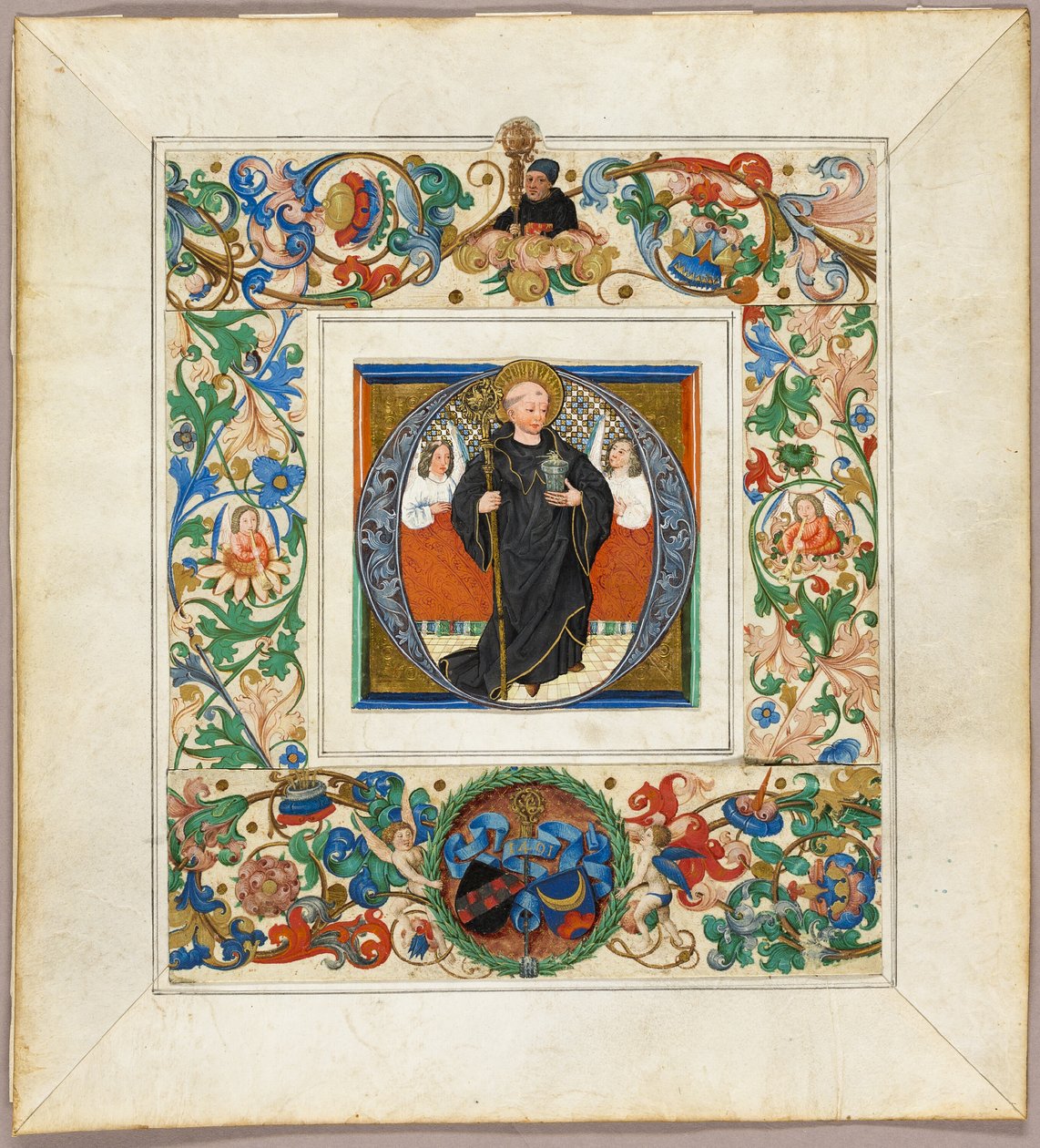 Saint Benedict, alkukirjain "O", reunafragmentit messaalista tekijältä Jakob Elsner
