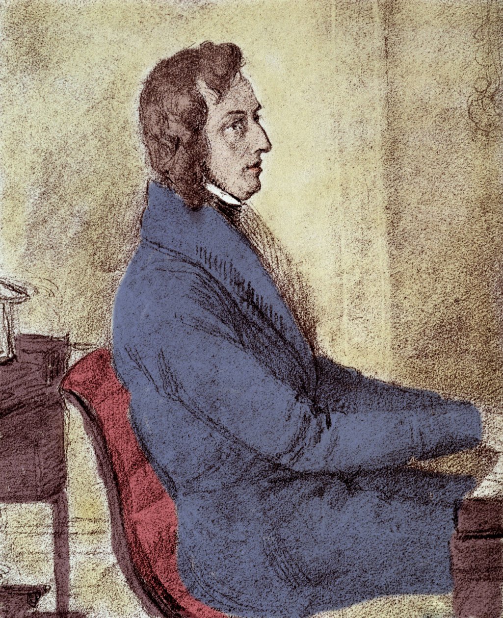 Puolalaisen säveltäjän Frederic Chopinin (1810-1849) muotokuva. - piirustus Gotzenberger tekijältä Jakob Goetzenberger