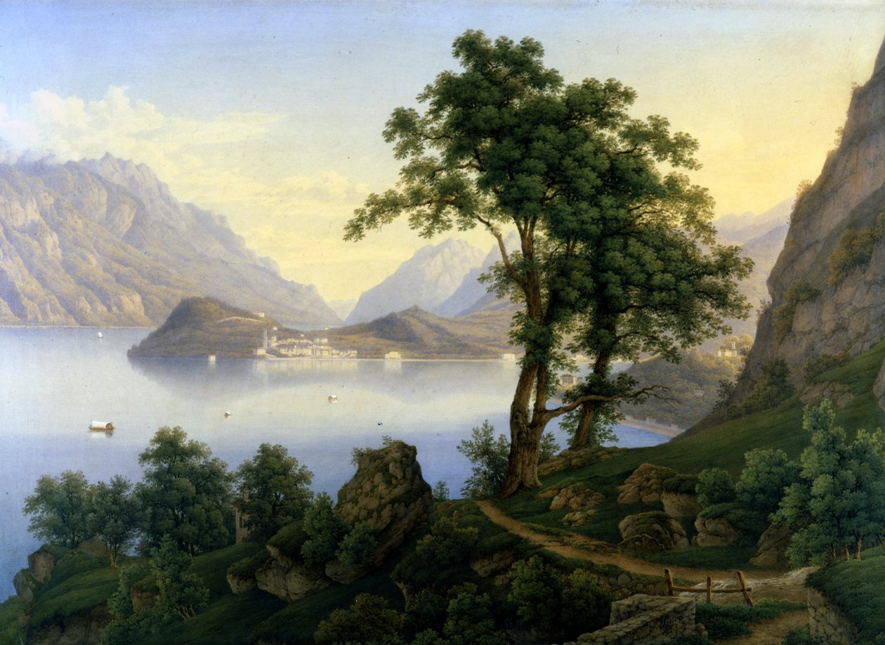 Näkymä Bellagiosta Comojärvellä. 1800-luvulla. Jacob Suterin maalaus. tekijältä Jakob Suter