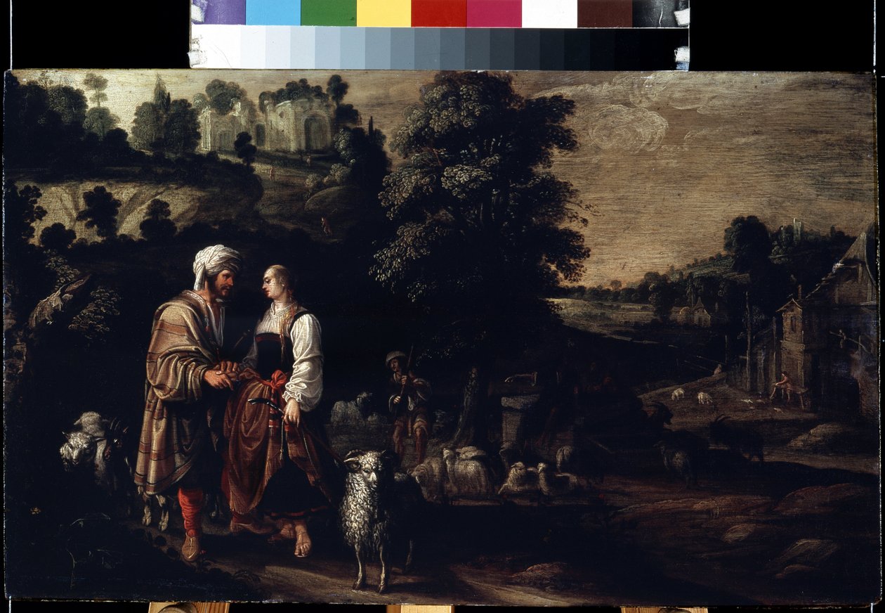 Jaakob tapaa Raakelin kaivolla (Jaakob tapaa Raakelin kaivolla). Jacobus (Jacques) Wabben tai Wabenin maalaus (toiminut 1602-1634). Öljy puulle, 38 x 62,5 cm tekijältä Jakob Wabbe
