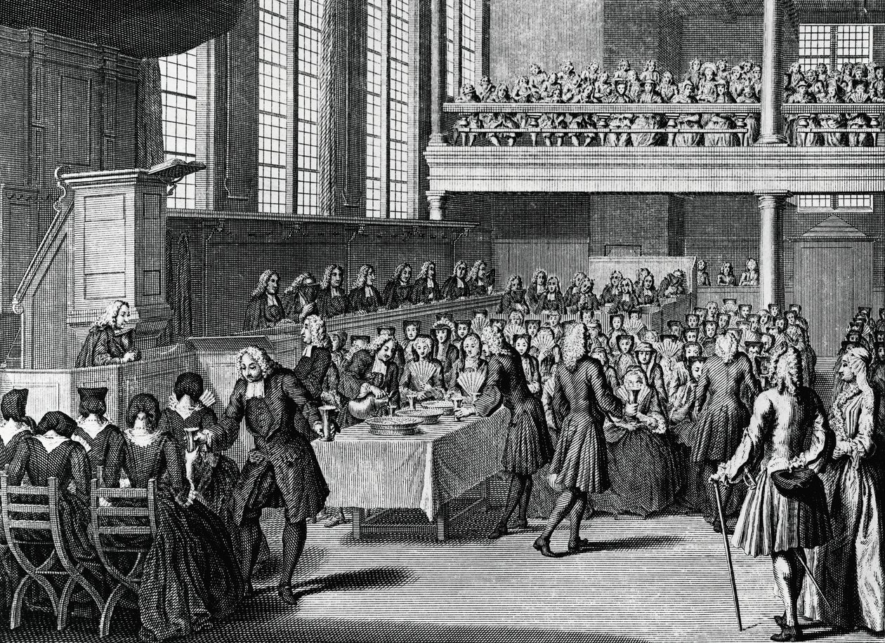 Anabaptistien illallinen, Jacobus van der Schleyn (1715-1779) kaiverrus maailman kaikkien kansojen uskonnollisista seremonioista ja tavoista tekijältä Jakob van der Schley