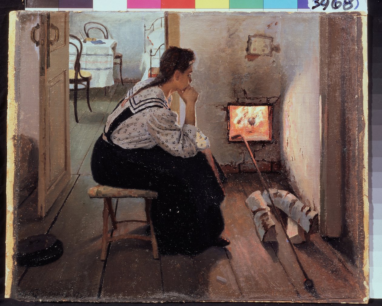 ""Ajatuksia uunilla"" (Ajatuksia liesillä) Nuori nainen istuu mietteliäänä tulen edessä. Jakov Kalinichenkon (1869-1938) maalaus 1897 Valtion alueellinen I. Pozhalostinin taidemuseo, Ryasan tekijältä Jakoff Jakovlevitch Kalinitchenko