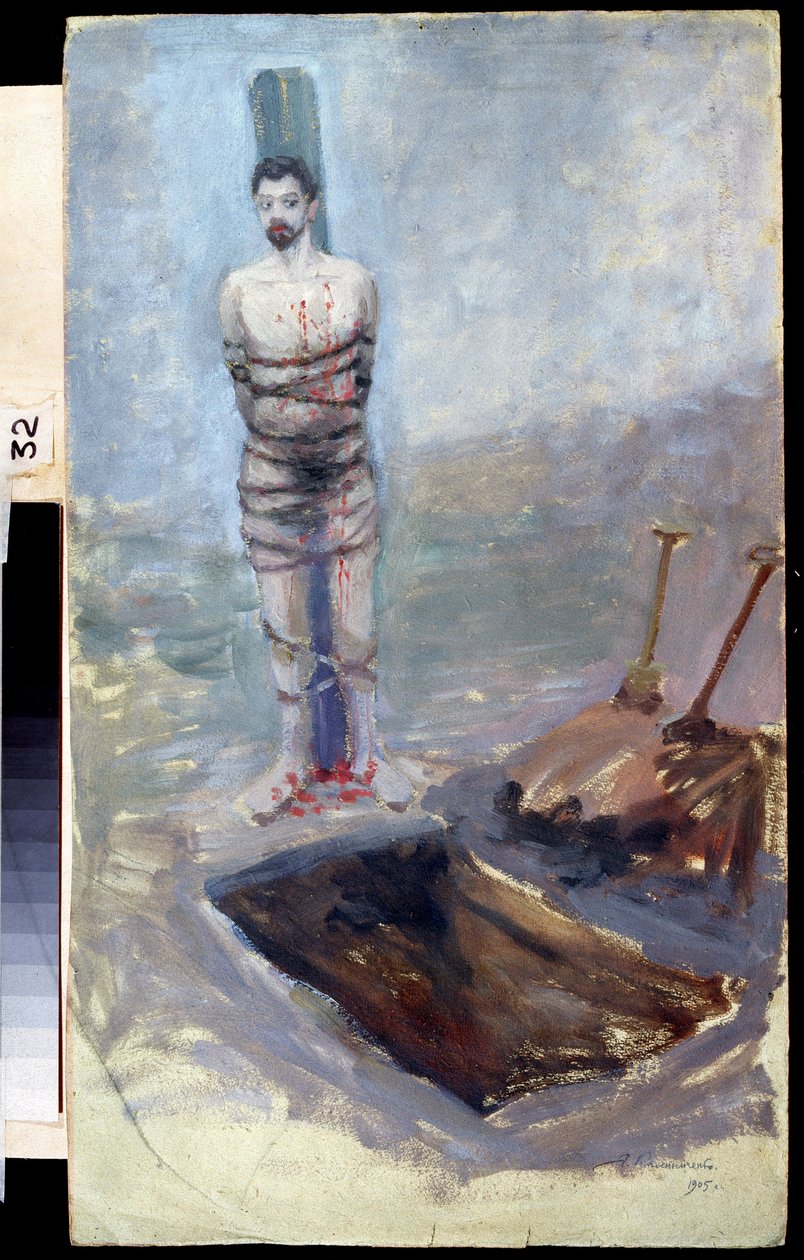 Revolução Russa de 1905: ""A Execução"" Um condenado amarrado a um poste perto de sua cova cavada. Pintura de Jakov Kalinichenko (1869-1938) 1905 State Regional I. Pozhalostin Art Museum, Ryasanfinnish tekijältä Jakoff Jakovlevitch Kalinitchenko