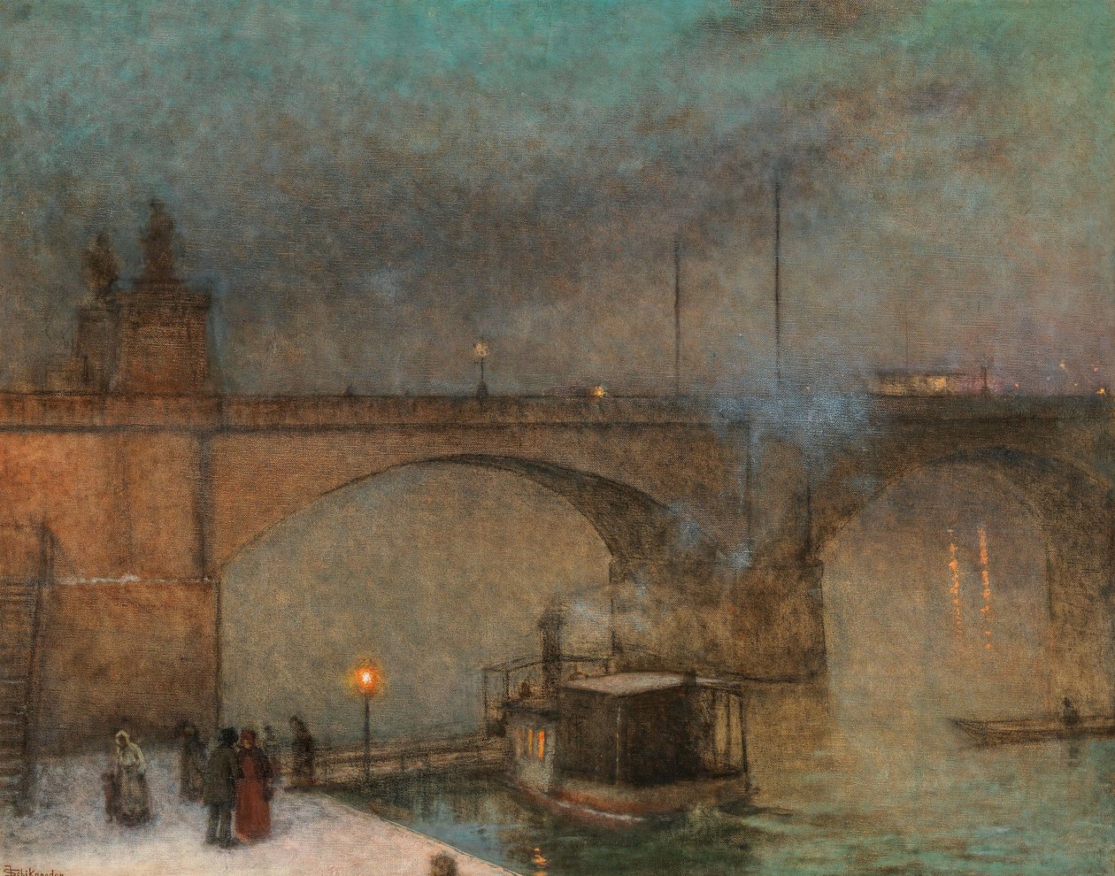 Praha, höyrylaiva Vltavalla ennen Palackyn siltaa, n. 1910-1915. tekijältä Jakub Schikaneder