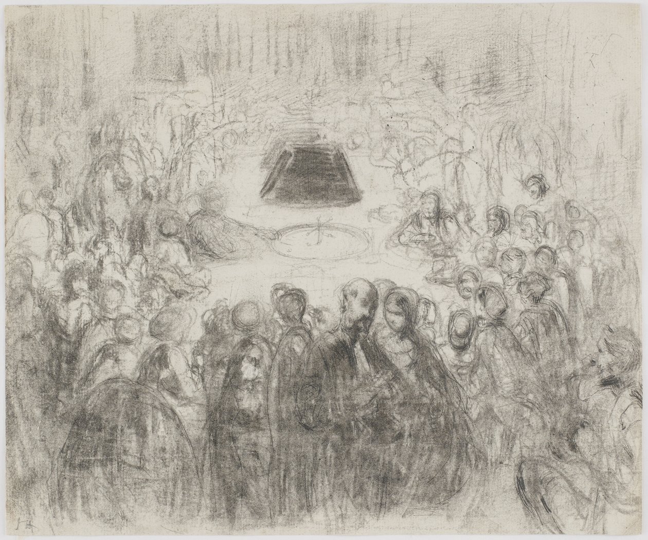 Pelihuone Baden-Badenissa, 1858 (lyijykynä ja hiili valkoisella paperilla) tekijältä James Abbott McNeill Whistler