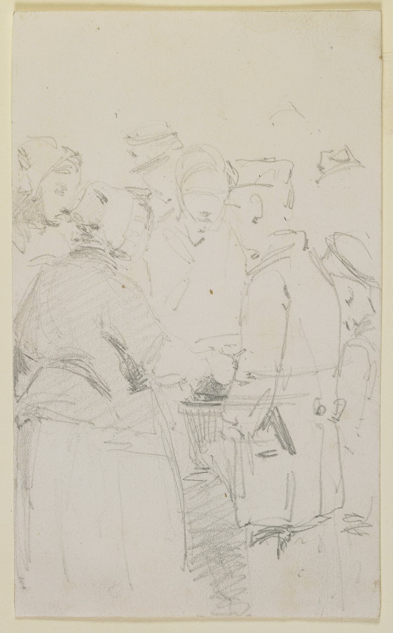 Figuuriryhmä parivaljakon ympärillä, 1858 (lyijykynä luonnonvalkoiselle kudottulle paperille) tekijältä James Abbott McNeill Whistler