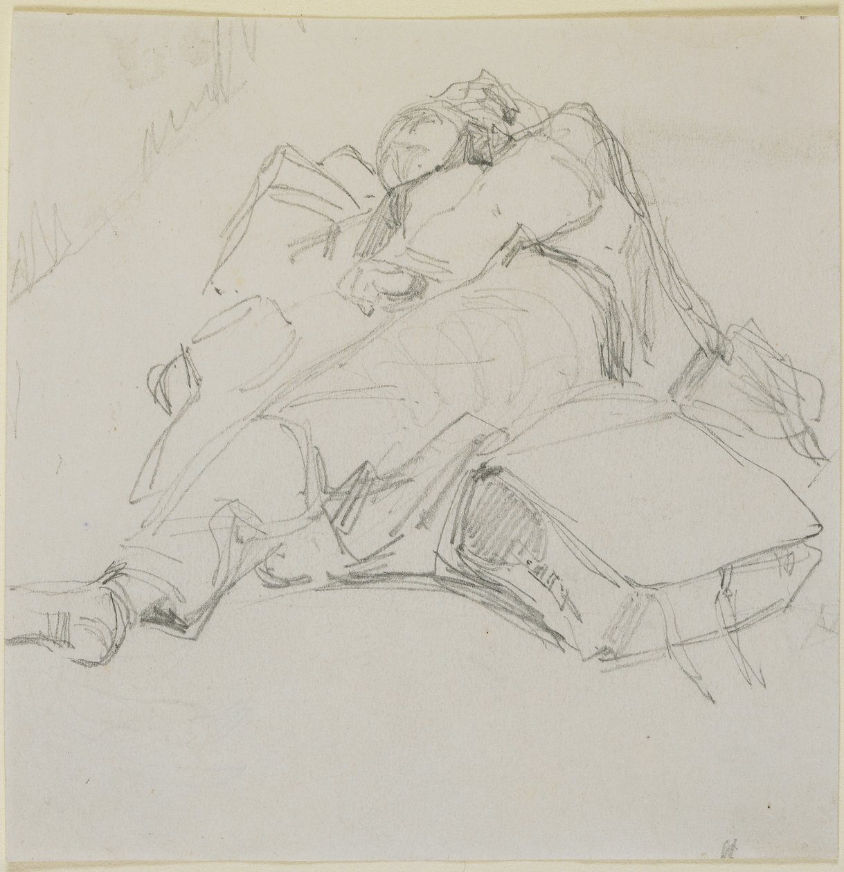 Mies nukkumassa matkatavarakasalla, 1858 (kynä luonnonvalkoisella kudottupaperilla) tekijältä James Abbott McNeill Whistler