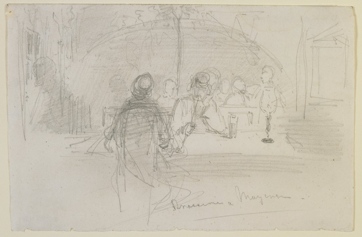 Brasserie Mayencessa, 1858 (kynä luonnonvalkoiselle paperille) tekijältä James Abbott McNeill Whistler