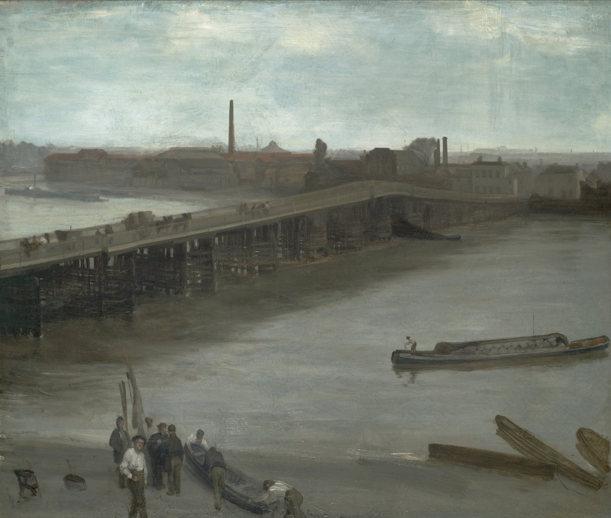 Ruskea ja hopea: Old Battersea Bridge, 1859-1863 (öljy kankaalle asennettu masoniitille) tekijältä James Abbott McNeill Whistler