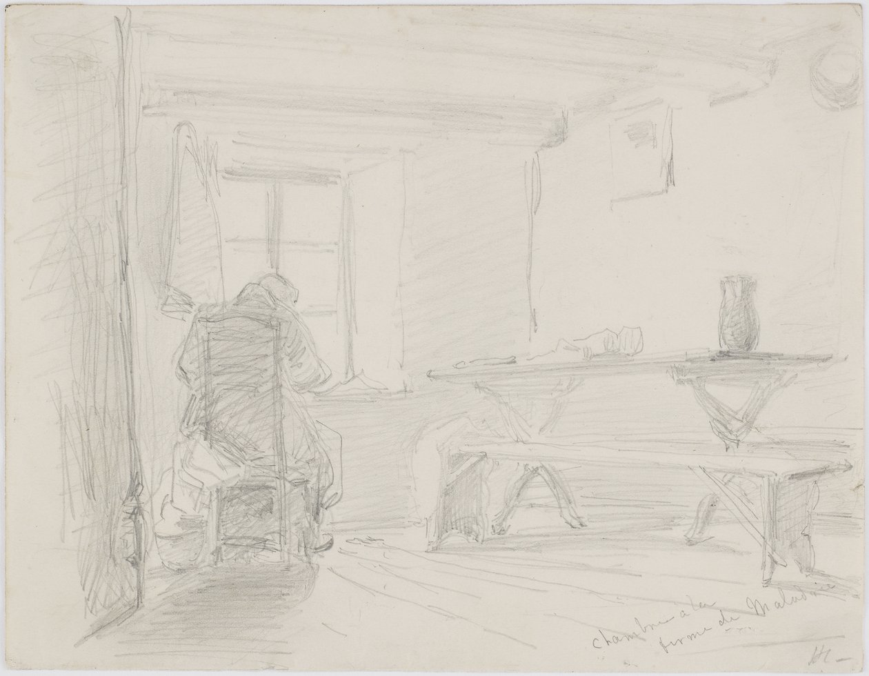Chambre la Ferme de Maladrie, n. 1861 (kynä valkoisella paperilla); tekijältä James Abbott McNeill Whistler