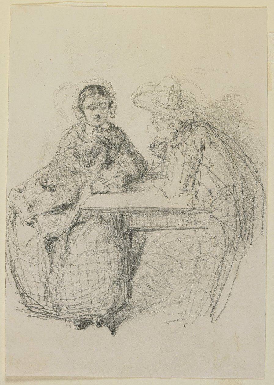 Pari istuu pöydän ääressä, 1858 (lyijykynä luonnonvalkoiselle kudottulle paperille) tekijältä James Abbott McNeill Whistler