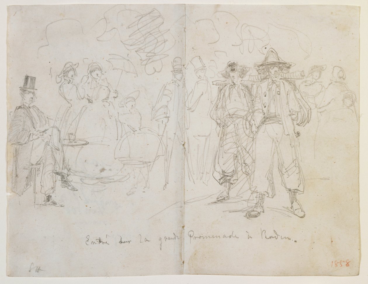 Grande Promenaden sisäänkäynti Badenissa, 1858 (lyijykynä luonnonvalkoiselle paperiarkille). tekijältä James Abbott McNeill Whistler