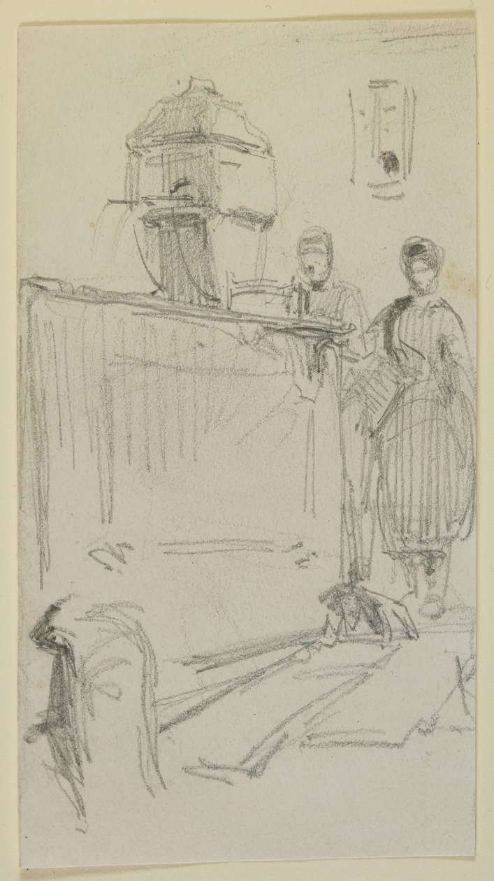 Hahmoja suihkulähteen äärellä, 1858 (lyijykynä luonnonvalkoiselle paperiarkille). tekijältä James Abbott McNeill Whistler
