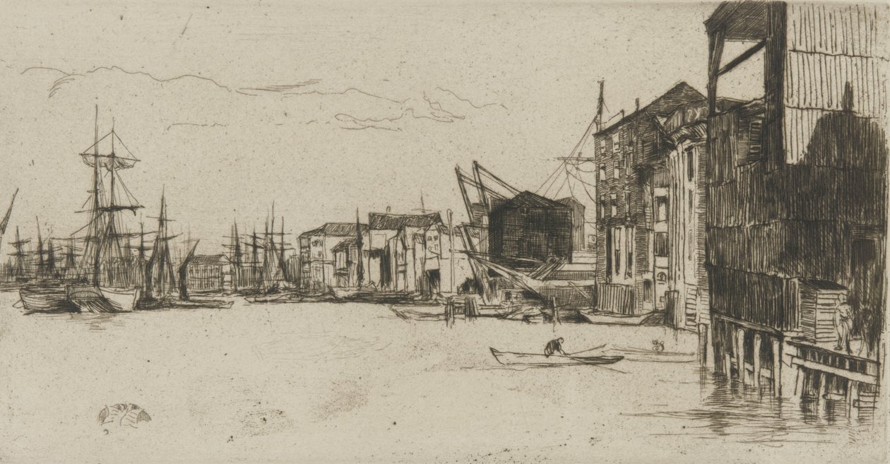 Free Trade Wharf, 1877 (etsaus paperille) tekijältä James Abbott McNeill Whistler