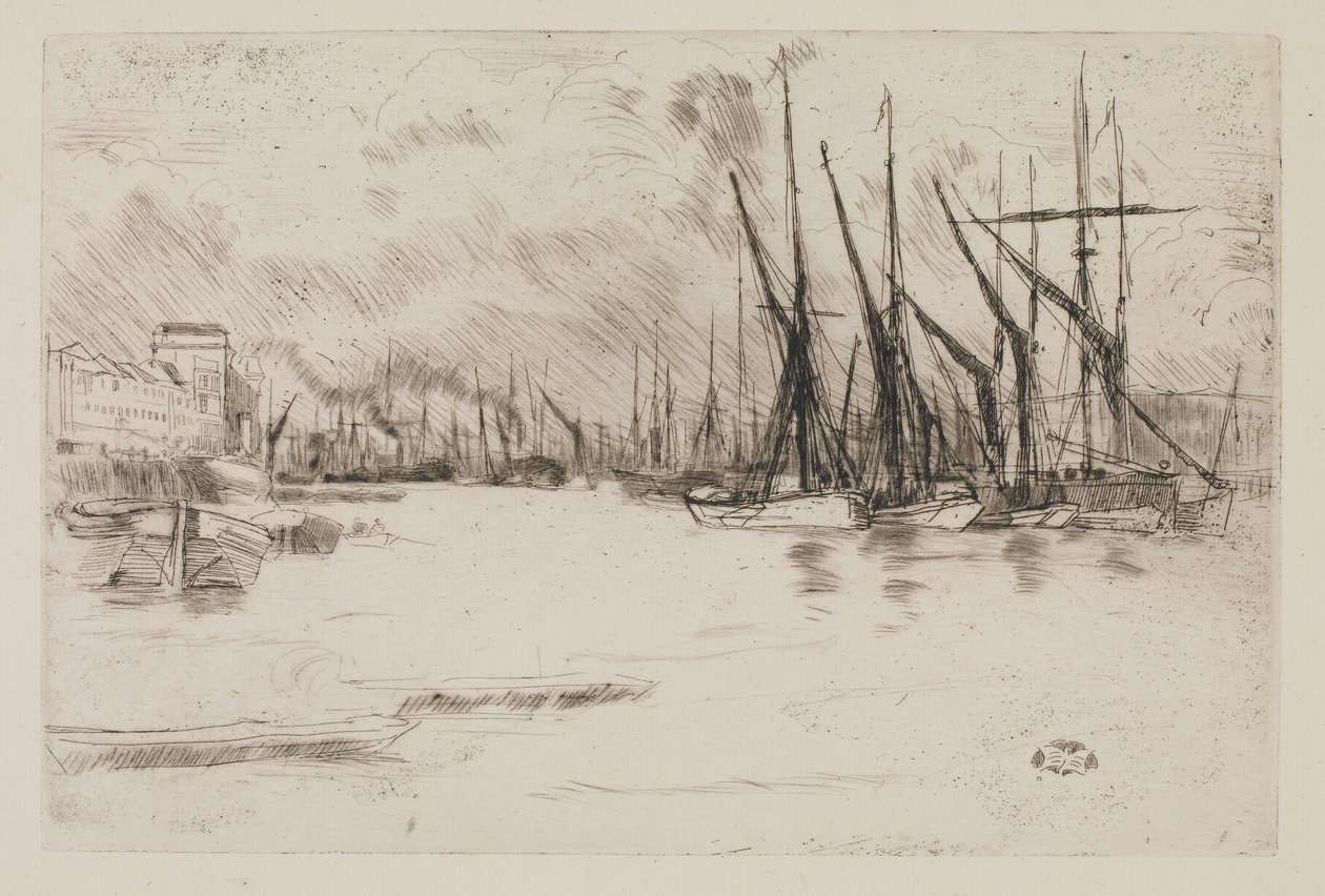 Pickle-Herring Stairsista, n. 1878 (etsaus ja kuivakärki paperille) tekijältä James Abbott McNeill Whistler