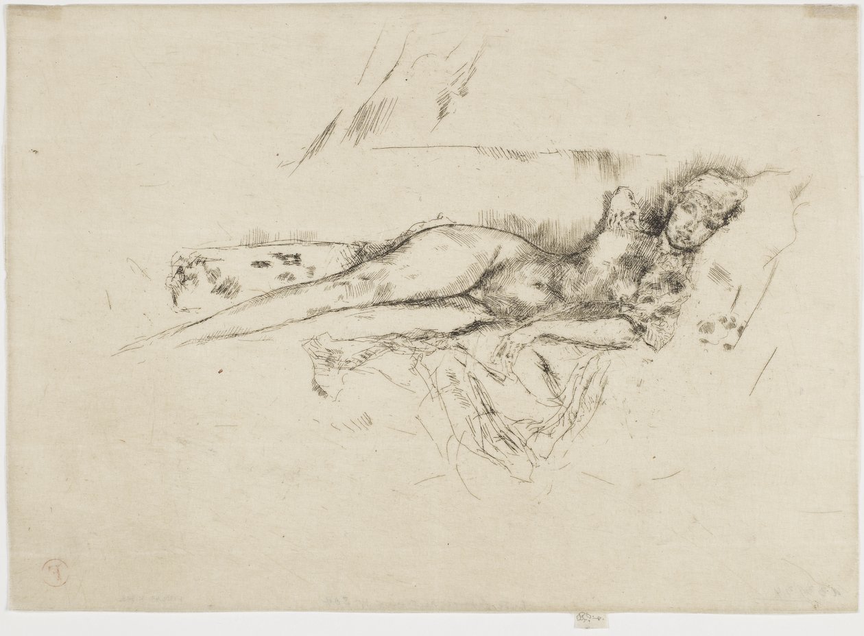 Alastonhahmo makuuasentoon, n. 1885-1888 (etsaus paperille) tekijältä James Abbott McNeill Whistler
