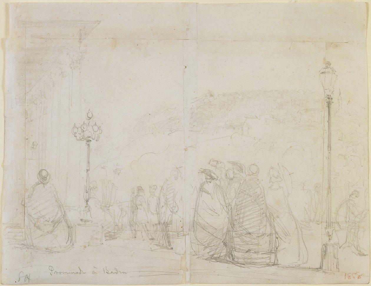 Promenade at Baden, 1858 (kynä luonnonvalkoiselle kudottulle paperille) tekijältä James Abbott McNeill Whistler