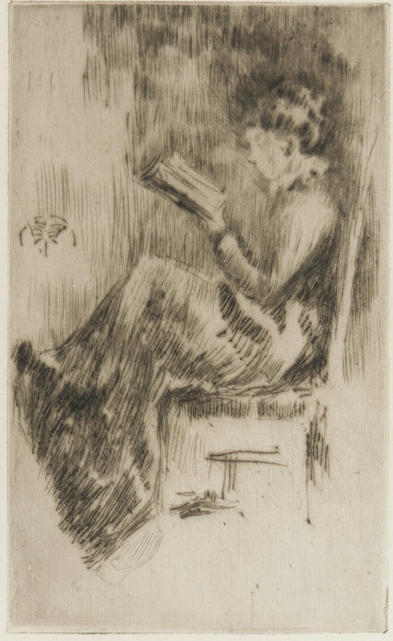 Kirjan lukeminen (mahdollisesti Lizzie Dawson) n. 1873 (kuivakärki paperilla) tekijältä James Abbott McNeill Whistler