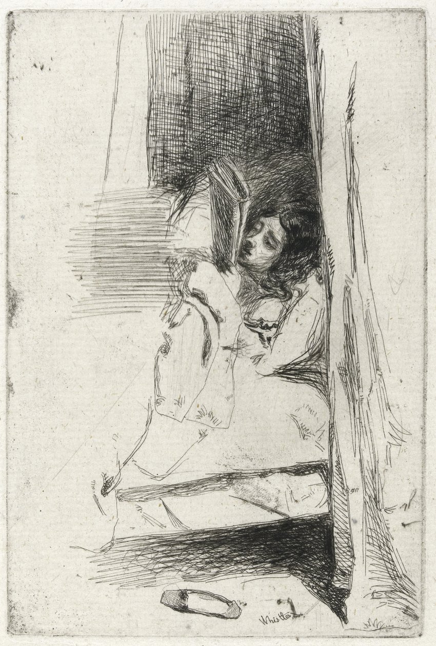 Reading in Bed (The Slipper) 1858 (musta hiilimuste antiikkipaperille) tekijältä James Abbott McNeill Whistler