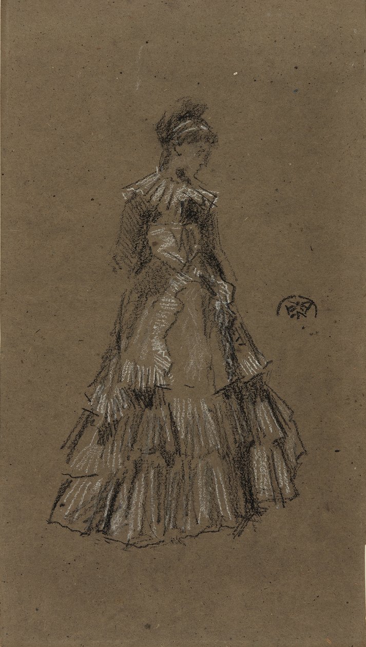 Pysyvä nainen röyhkeässä mekossa, n. 1873-1875 (musta ja valkoinen liitu ruskealla paperilla) tekijältä James Abbott McNeill Whistler