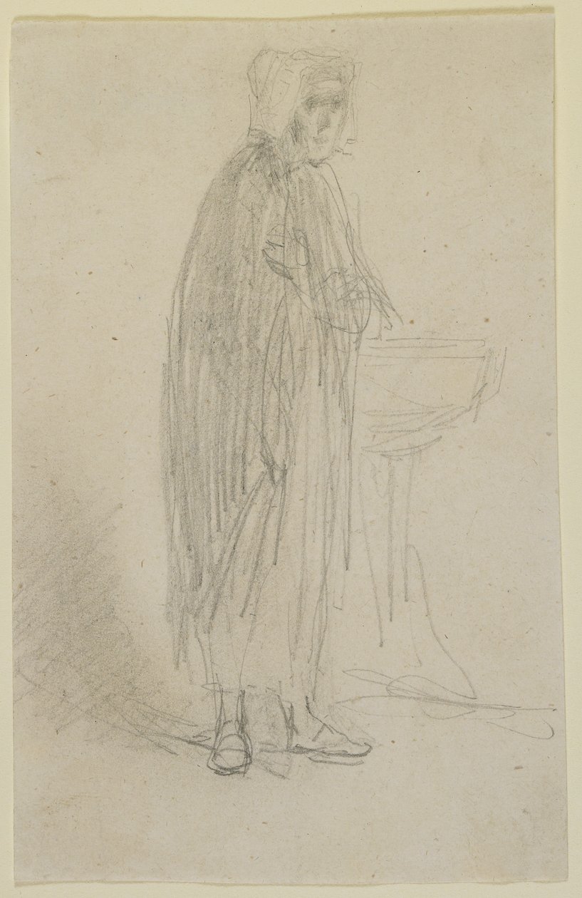 Vanhan naisen seisova hahmo, n. 1855-1858 (kynä luonnonvalkoiselle kudottulle paperille) tekijältä James Abbott McNeill Whistler