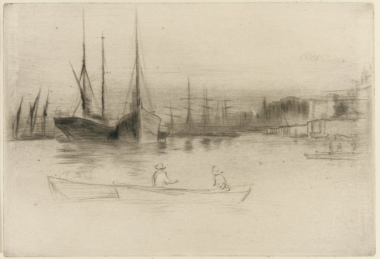Höyrylaivat pois tornista, 1875 (kuivakärki paperilla) tekijältä James Abbott McNeill Whistler