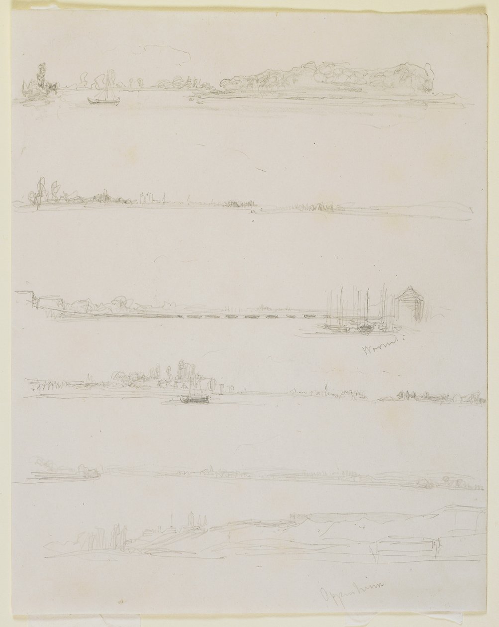 Rein, lähellä Wormsia ja Oppeheimia, 1858 (lyijykynä luonnonvalkoiselle kudottulle paperille) tekijältä James Abbott McNeill Whistler