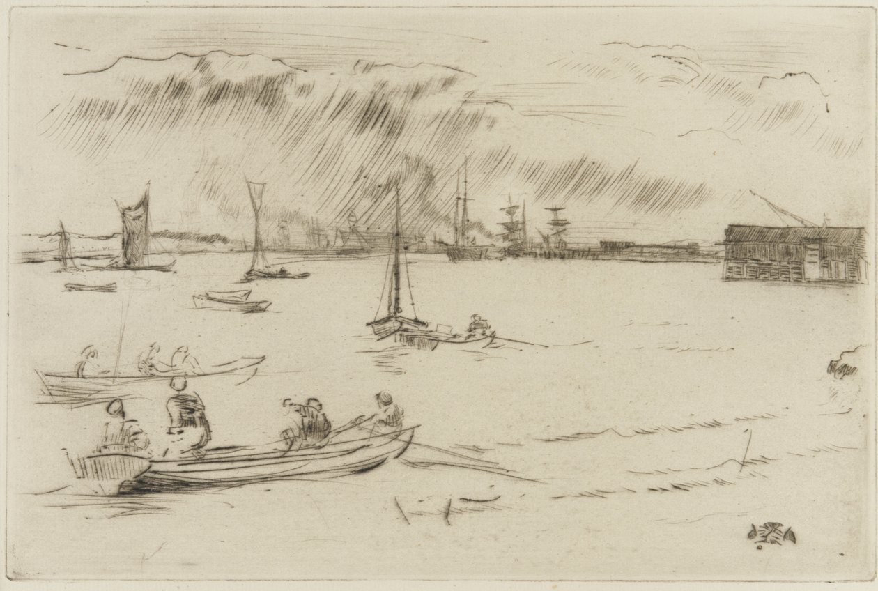 Thames kohti Erithiä, n. 1877 (kuivakärki paperilla) tekijältä James Abbott McNeill Whistler